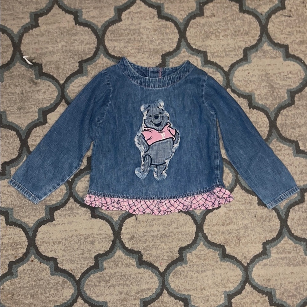 Vintage Winnie the Pooh Disney Kids Denim Shirt with Pink Stitching size 5t